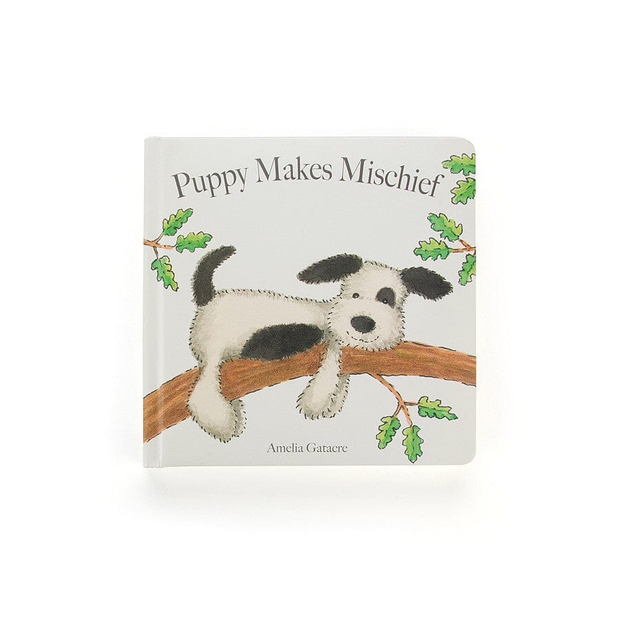 Puppy Makes Mischief Book & Bashful Black & Cream Puppy Medium