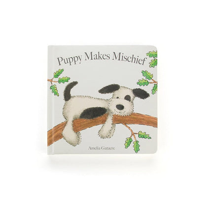 Puppy Makes Mischief Book & Bashful Black & Cream Puppy Medium